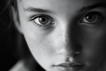 Fototapeta premium Young girl with freckled face looking downward.