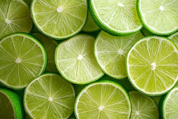 Fresh juicy lime slices as background, top view .generative ai