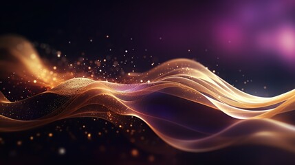 Abstract purple and gold wave with glitter particles. Modern dynamic and elegant background with copy space.