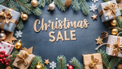Christmas sale promotional display featuring gifts, ornaments, and festive greenery on a holiday-themed background