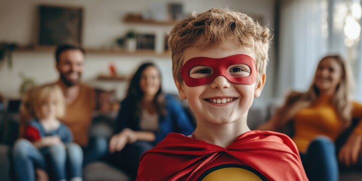 Young boy wearing a superhero costume, smiling while being surrounded by family at home.