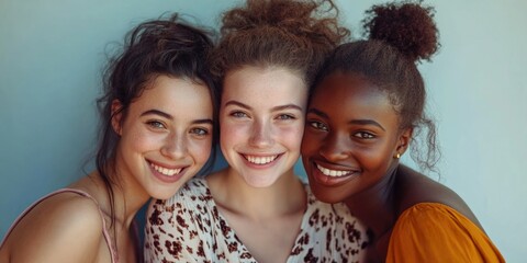 Obraz premium Smiling women in casual clothing smiling at the camera, close friends enjoying a moment together.