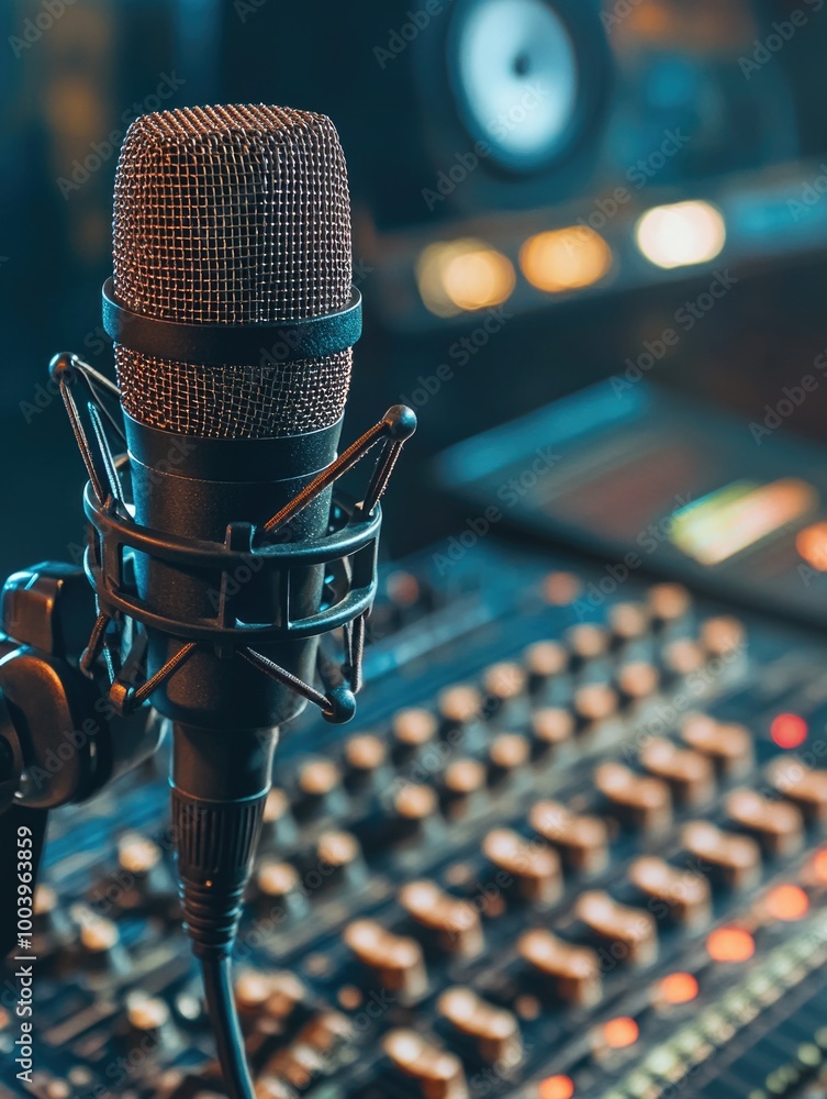 Poster this image features a professional microphone and audio recorder on a broadcast quality sound booth,