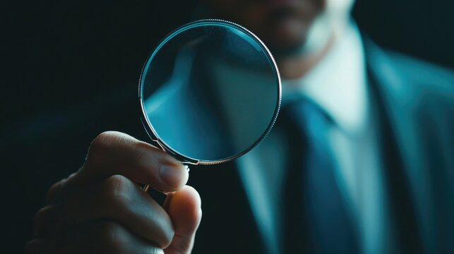 Conceptual image of a man in a suit, symbolizing the role of a private detective. He holds a magnifying glass to his eye, suggesting careful examination and attention to detail.