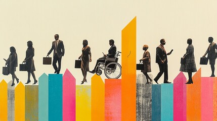 A group of business individuals, both men and women, diverse and creative design with collage showing success