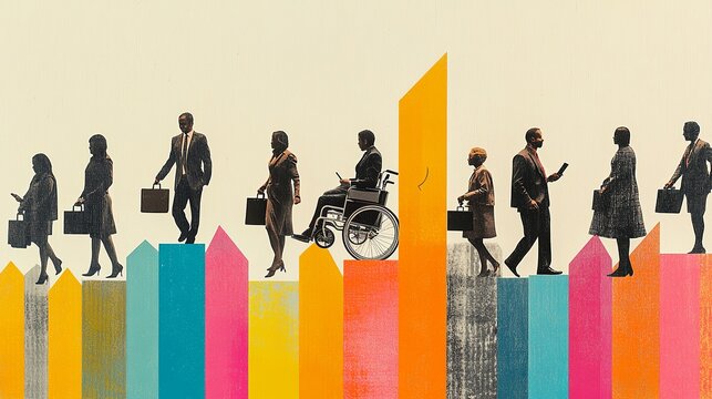 A group of business individuals, both men and women, diverse and creative design with collage showing success