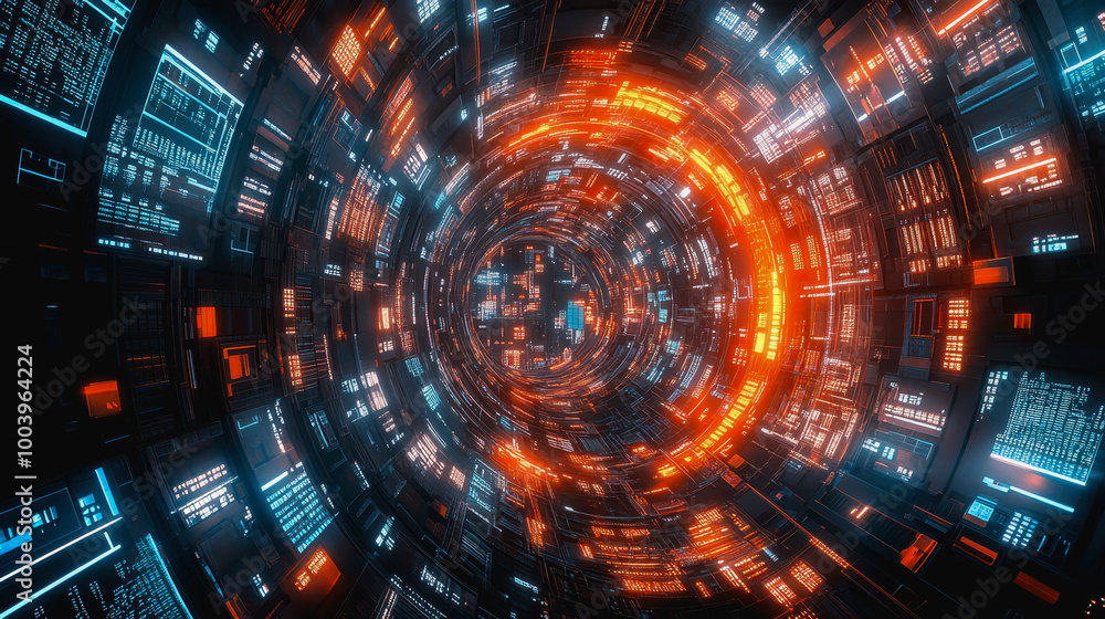 Poster neon cosmic portal with advanced tech circuitry in deep space