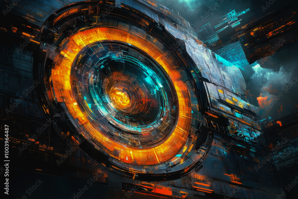 Aufkleber neon cosmic portal with advanced tech circuitry in deep space