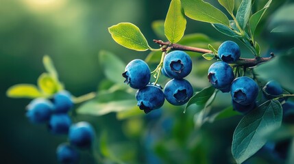 A vibrant blueberry bush with ripe fruit on a sunny day.
