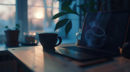Workspace with laptop, coffee cup, and plants.