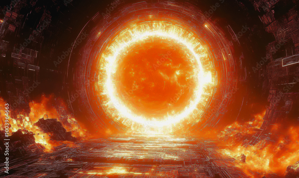 Aufkleber neon cosmic portal with advanced tech circuitry in deep space
