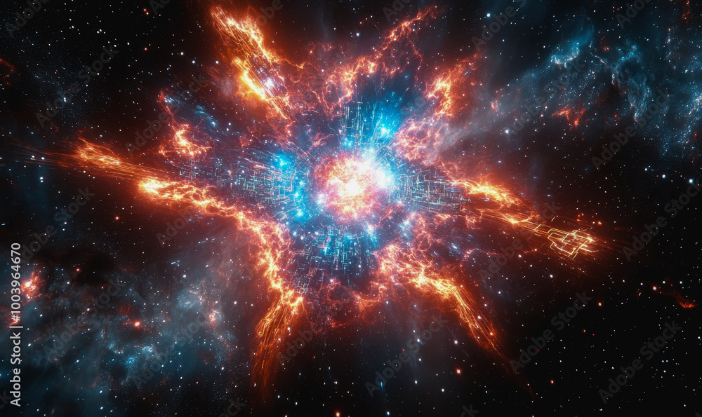 Poster neon cosmic portal with advanced tech circuitry in deep space