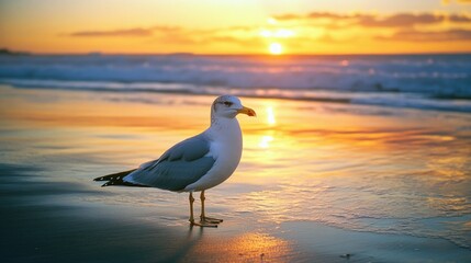 Calm scene of a seagull standing on wet sand by the ocean as the sun sets.