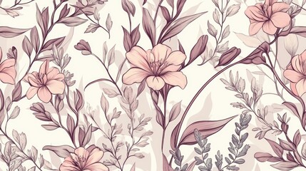 A watercolor painting of a floral wallpaper design with abstract and textured elements, featuring pink and green flowers.