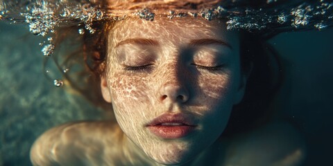 A woman with closed eyes, enjoying a swim in the water of an indoor pool. Her hair floats around her head, adding a serene quality to the image.