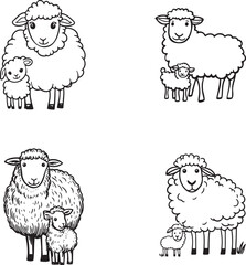 Cute Black and White Illustration of Sheep and Lambs in Various Poses