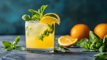 Fototapeta premium Refreshing citrus cocktail with mint and oranges on a vibrant blue background