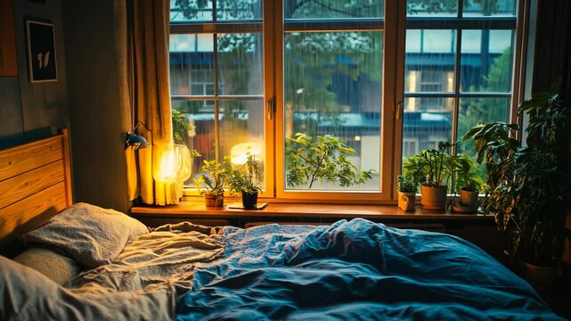 A cozy bedroom with a large window overlooking a rainy city street