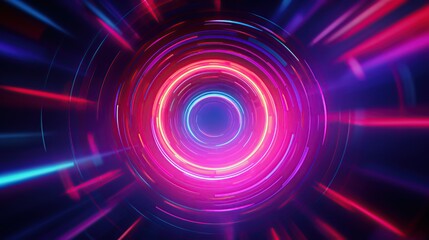 Abstract neon rings and lines glowing in the dark, futuristic digital art background