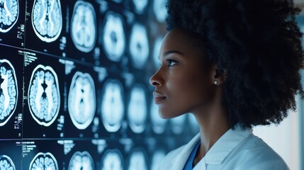 African-American medical professional reviewing brain imagery on a computer screen in a hospital setting.