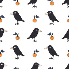 Cute black crows and pumpkins art. Ravens seamless pattern. Spooky Halloween illustration. Hand drawn vector on a white background.