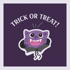 Black funny cat in vampire costume vector illustration. Trick or treat text with cute creepy mascot character card. Poster for Halloween party.