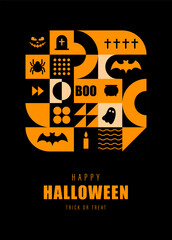 Halloween card. Neo geometric pattern. Modern abstract background with orange simple shapes, pumpkins and ghosts. Vector illustration in bauhaus minimalist style. October holiday. Trick or treat.