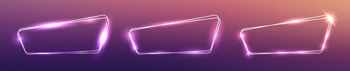 Set of neon double frames with shining effects