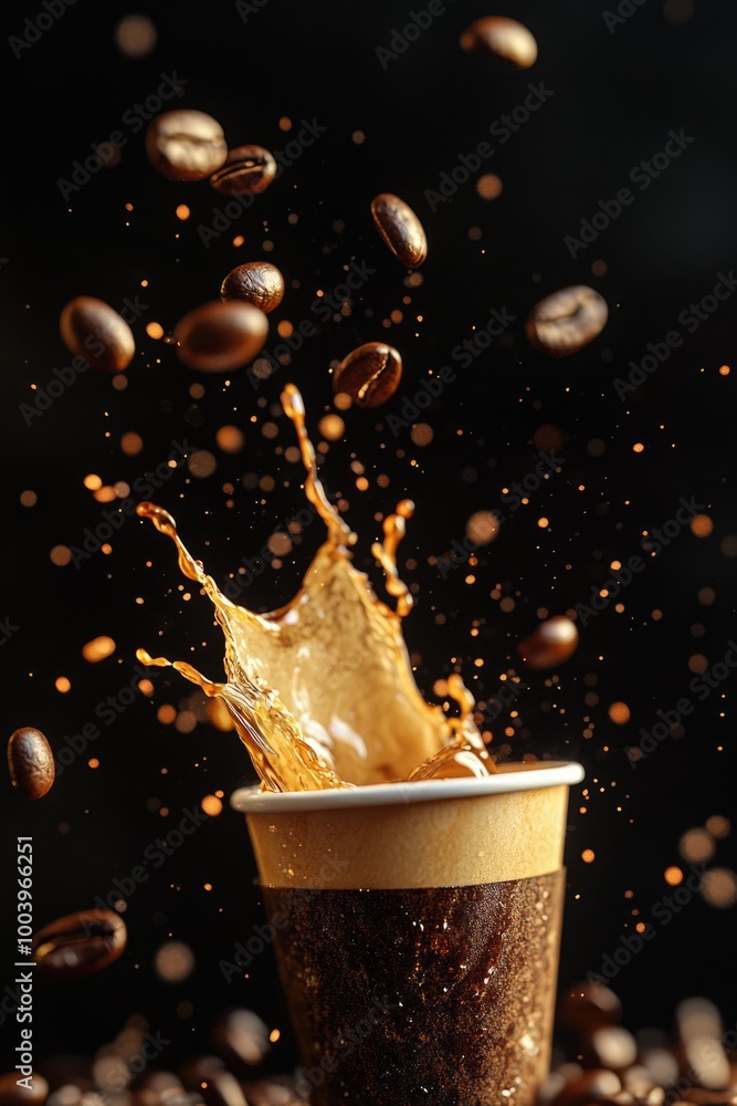 Poster coffee beans jumping out of a cup and creating an explosive effect.