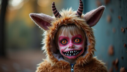 A homemade monster costume with fabric horns a hand-sewn furry suit and face paint that creates a spooky toothy grin and vibrant monster eyes.