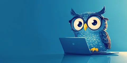 Selbstklebende Fototapeten A cheerful owl with glasses explores the internet on a laptop against a blue background © Taras Vykhopen