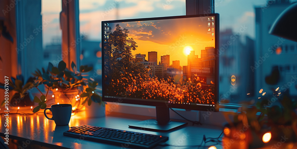 Poster A computer screen and on one side of the screen see the reflection of the outside, in the background a cup of coffee on a desk, daytime ambient lights.