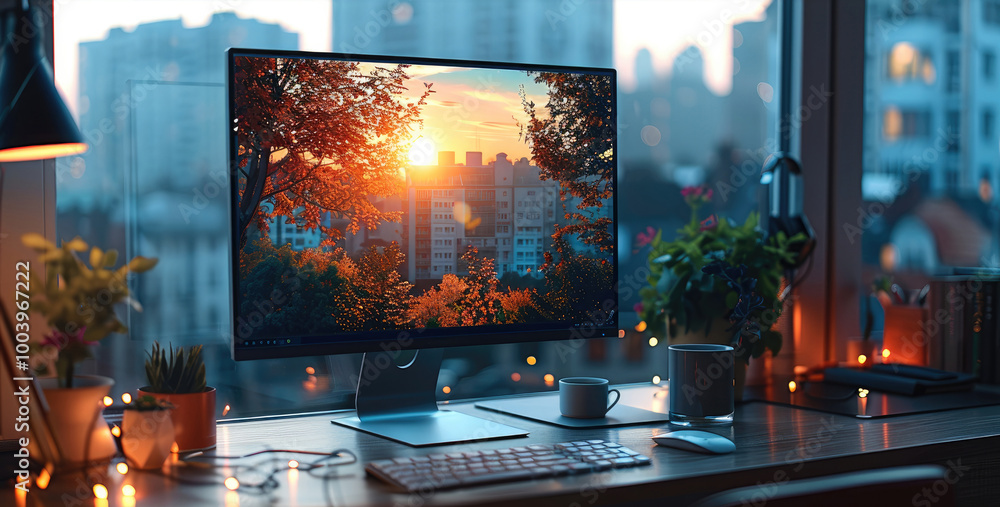 Poster A computer screen and on one side of the screen see the reflection of the outside, in the background a cup of coffee on a desk, daytime ambient lights.