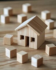 A detailed wooden house model with cube blocks for a real estate concept on a table