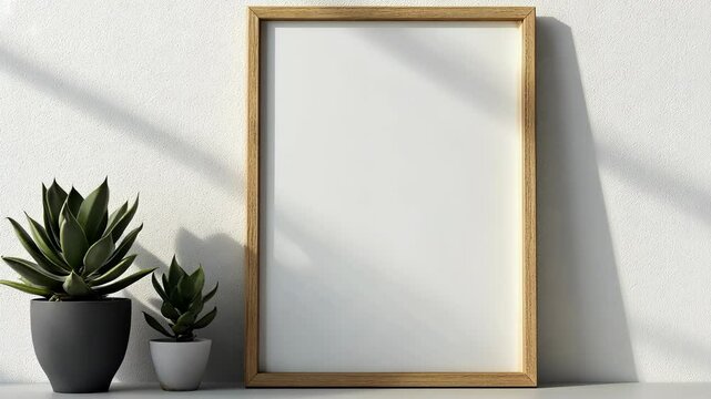 A wooden frame sits on a table, with a succulent on each side, against a white wall with shadows