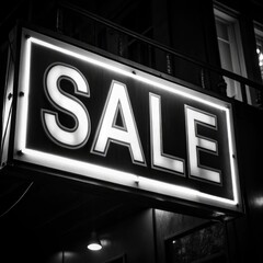 Fototapeta premium Brightly lit sale sign hanging above a storefront on a bustling street during the evening, attracting shoppers with its bold message