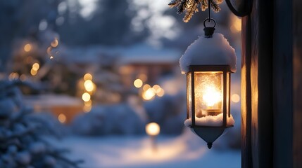 latarnia, śnieg, zimowy wieczór, oświetlenie, zimowy ogród, zasypany śniegiem, drewniany ganek, zimowa sceneria, śnieżne drzewa, firanki, świąteczny klimat, zimowy wieczór, lampion, oświetlony ganek, 