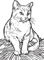 Obraz premium Gentle Cat Resting on Straw in Black and White Illustration