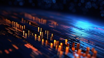 Abstract digital technology background with glowing lines and bars. Concept of innovation, progress, and data visualization