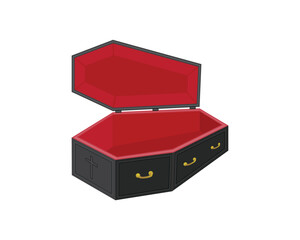 vector design of a black coffin with a red inside and the lid is open, there is also a cross symbol on the head of the coffin