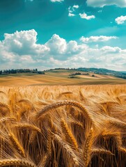 A vast field of harvested wheat, showing the golden crop against a clear sky with a few clouds in the distance. The landscape highlights rural agriculture and the beauty of nature.