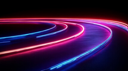  Neon road speed. Light abstract laser trace from the movement of cars. LED curves fast strips. Template for futuristic design. 