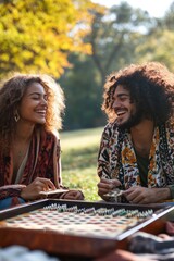 Fototapeta premium Two people sharing a chuckle over a game of board games