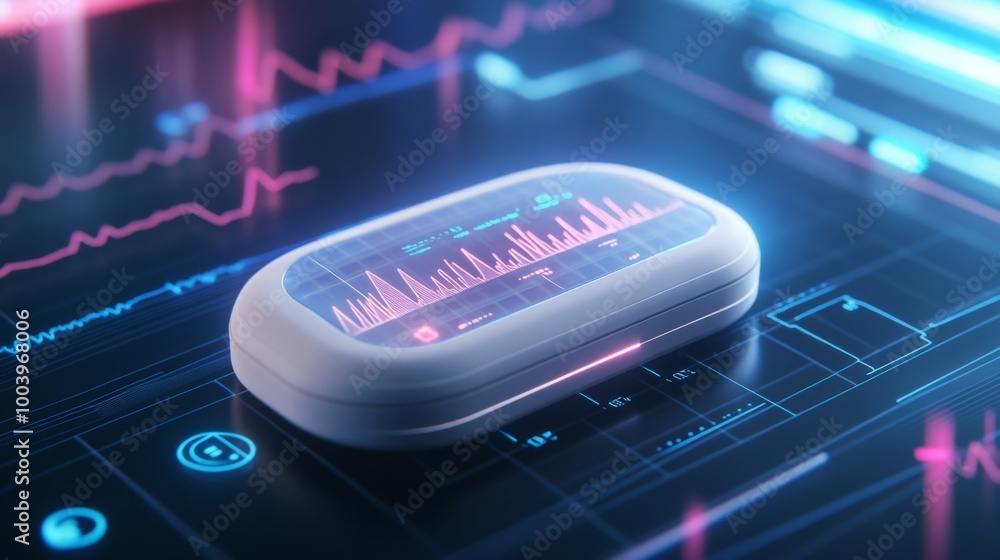 Poster a sleek health monitor showcases real-time vital signs and data analytics, set against a modern digi