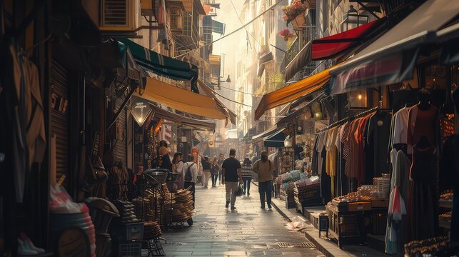 A bustling city street where one side is lined with luxury stores and the other with makeshift shelters.