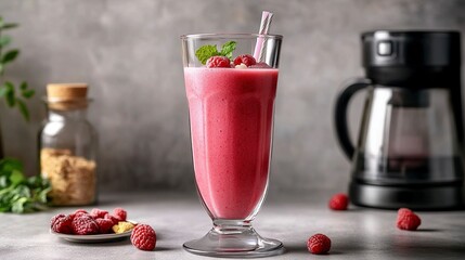 Glass of healthy smoothie, blender and ingredients on table .generative ai