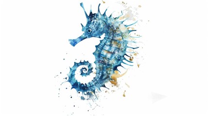 The image depicts an artistic seascape featuring a dolphin and various sea life, shades of blue and white. The style is abstract with splashes and drips creating texture.