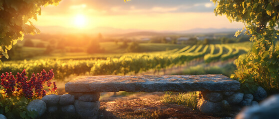 Obraz premium Scenic vineyard view at sunset with a stone bench, lush grapevines, and a serene landscape.