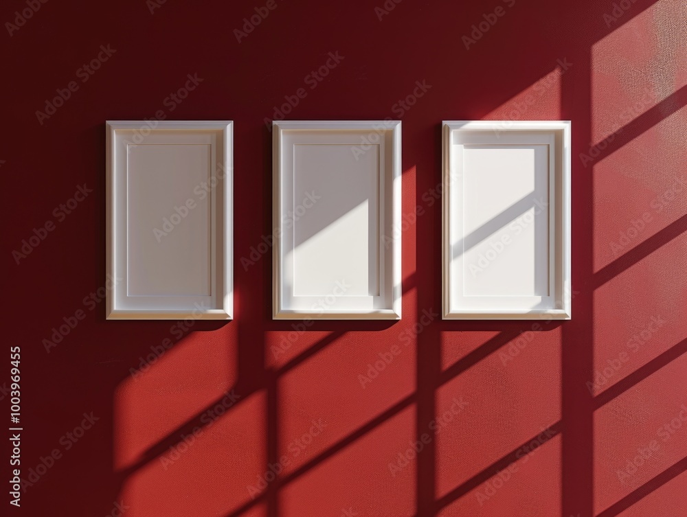 Poster three square-shaped art frames hanging on a red wall, casting shadows with light from a window, crea
