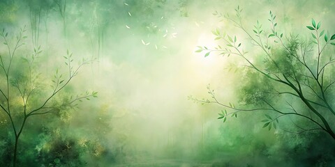 A dreamy landscape with delicate tree branches and a soft, ethereal glow. The scene evokes a sense of peace and tranquility, where nature's beauty unfolds in a hazy embrace.